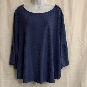 Women's Navy Blue Textured Top Dotted Ruffled Size 2X 3/4 Sleeve